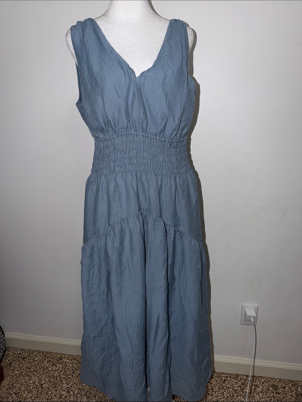 Vince Slate Blue Sleeveless Smocked-Waist Maxi Dress